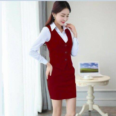 Wine, red vest, wine, red skirt, white shirt